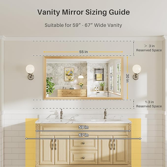 55x30 Inch Bathroom Mirror for Wall, Anti-Rust Oak Wood Grain Metal Framed