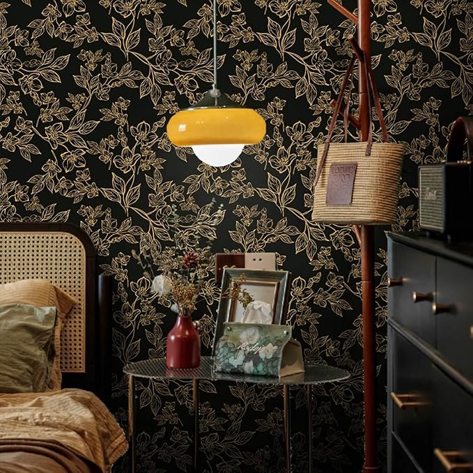 Ismoon Floral Peel and Stick Wallpaper Vintage Black and Gold Contact Paper