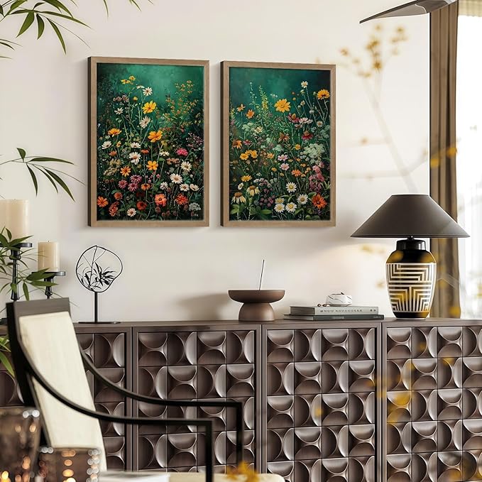 Framed Vintage Canvas Wall Art Vivid Garden Botanical Style Poster Picture Countryside Painting Nature Scenery Modern Home Print Living Room Gallery Office Ready to Hang 12x16 Inch x2