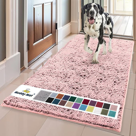Muddy MatÂ® | Super Water Absorbent Door Mat Indoor, Microfiber Quick Dry Chenille Entryway Rug, Slip Resistant Front Door Mat, Indoor Mats for Entryway, Machine Washable Pet Rug, Light Pink 24" x 72"
