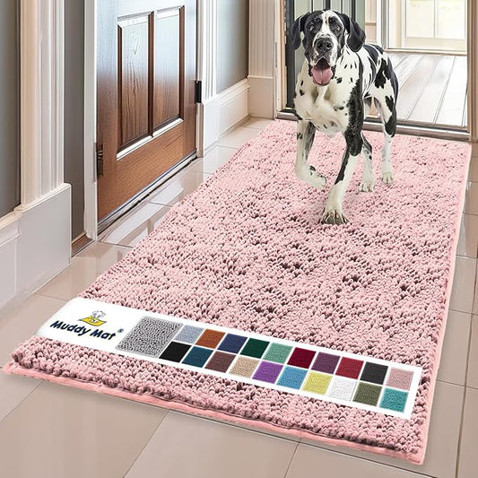 Muddy MatÂ® | Super Water Absorbent Door Mat Indoor, Microfiber Quick Dry Chenille Entryway Rug,Slip Resistant Front Door Mat,Indoor Mats for Entryway,Machine Washable Pet Rug, Light Pink 36" x 120"