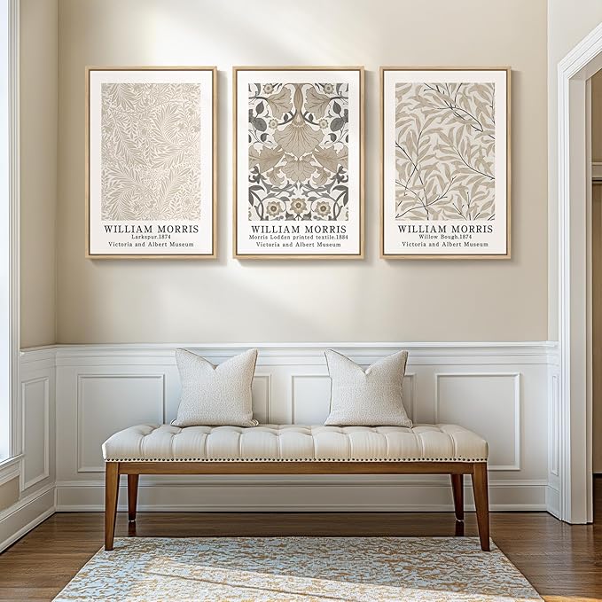 Framed Vintage William Morris Canvas Wall Art Set of 3, Large Neutral Floral