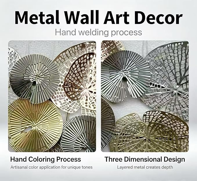 Roivikis Large Metal Wall Art Decor, 3D Abstract Lotus Leaves Wall Art, Handcrafted Modern Metal Wall Sculpture for Living Room, Bedroom, Entryway, Gold & Silver Tone