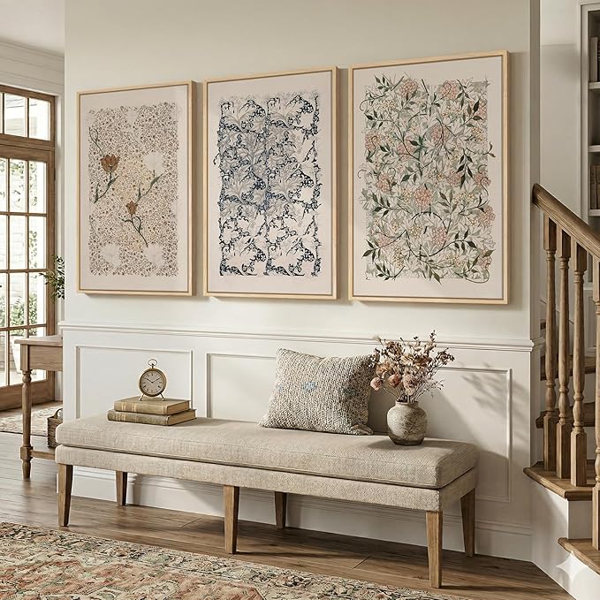 Large Framed William Morris Wall Art Set of 3, Vintage Neutral Botanical Floral