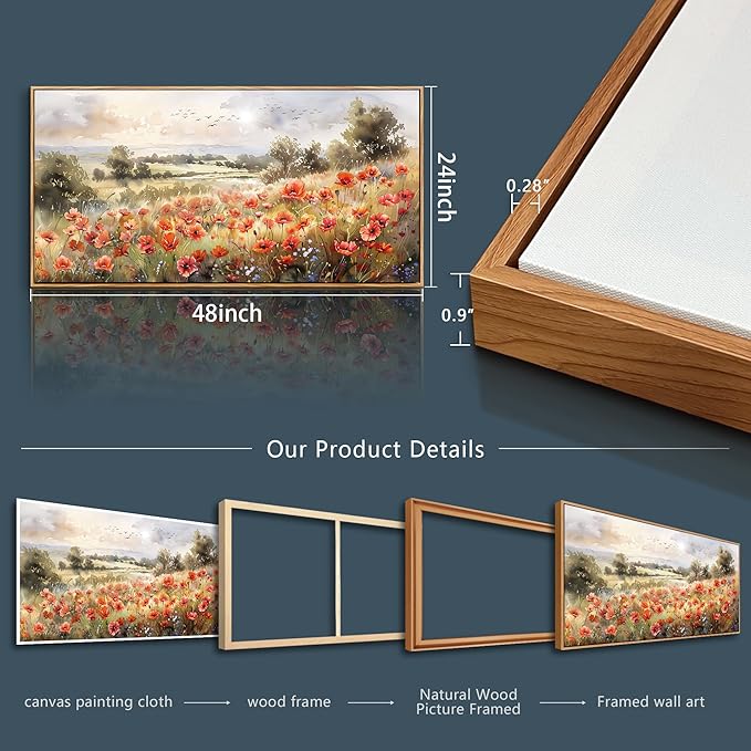 QIYILEXWART Large Wall Decor For Living Room Canvas Wall Art For Office Modern Wall Decorations For Bedroom Red Blooms Field Landscape Painting Farmhouse Pictures Artwork Room Home Decor 24x48 In