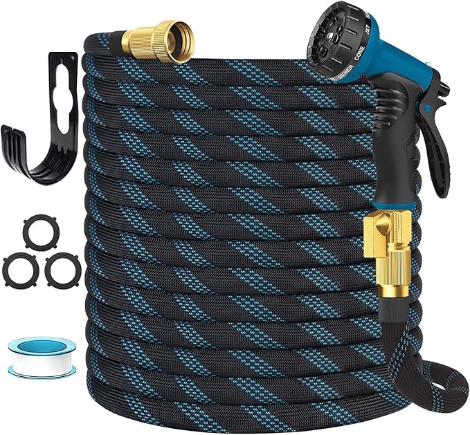 Garden Hose Non-Expandable 100 ft, Lightweight Flexible Water Hose with 10 Function Spray Nozzle, Outdoor Leak Proof, Kink-Free, Portable Hose for Yard, Lawn, Camper, High-Density Fabric, Black Blue