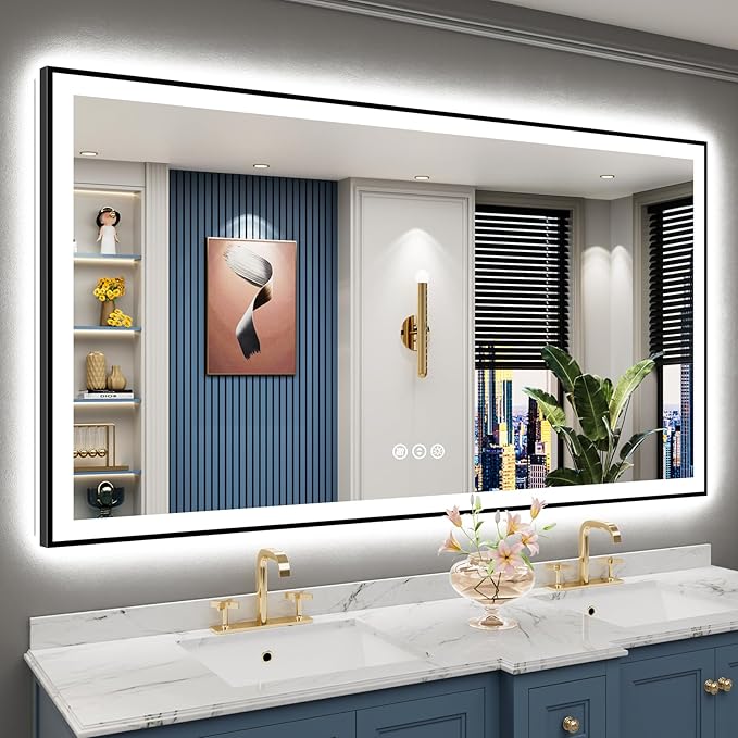 68x38 Black Framed LED Bathroom Mirror