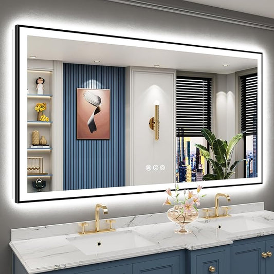 68x38 Black Framed LED Bathroom Mirror