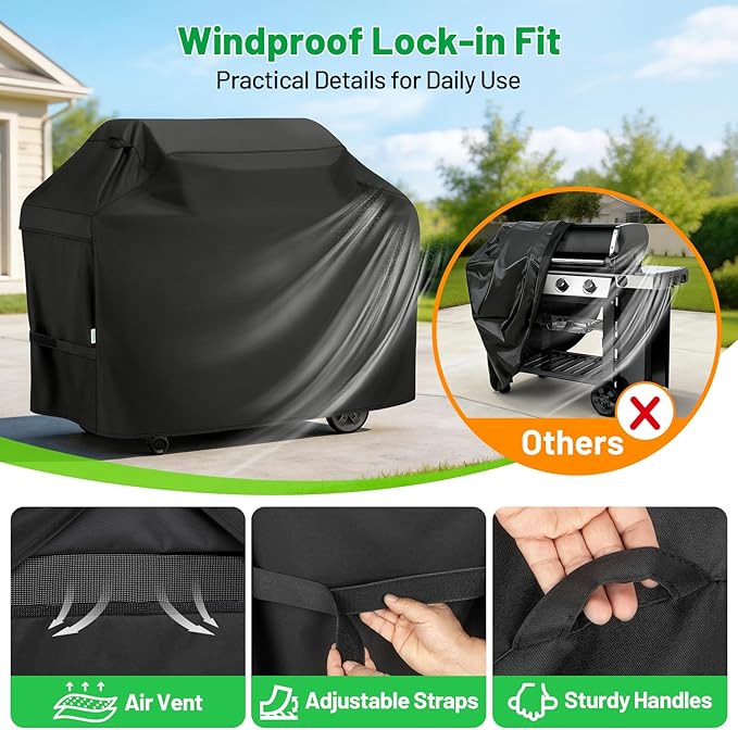 Grill Cover for Outdoor Grill 65 Inch, Arborlily Heavy Duty Waterproof Gas BBQ Grill Cover for Weber, Char-Broil, Nexgrill, Windproof BBQ Barbecue Cover with Straps/Air Vents & Handles, Black