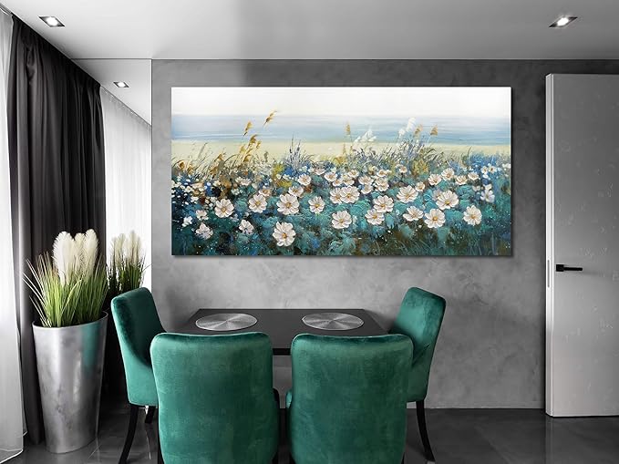Arjun Flower Wall Art for Living Room, Teal Bedroom Canvas Daisy Floral Painting Landscape Picture Artwork Extra Large Textured Office Home Dining Room Kitchen Wall Decor 58"x29"