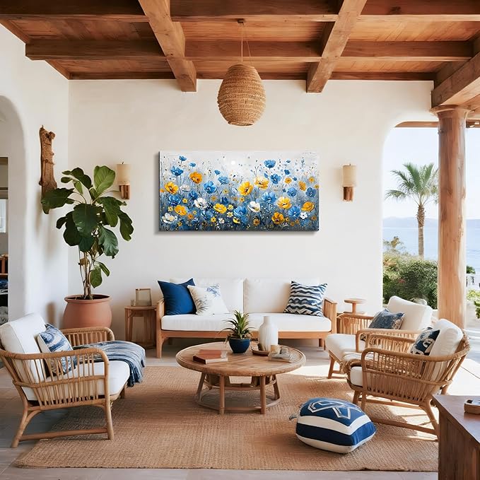 SERIMINO Extra Large Wall Art, Floral Wall Art, Nature Wall Decor, Boho Flower Market Prints, Blue Wildflowers Home Decorations, Aesthetic Pictures for Living Room Bedroom Dining Room Hallway 29"x57"