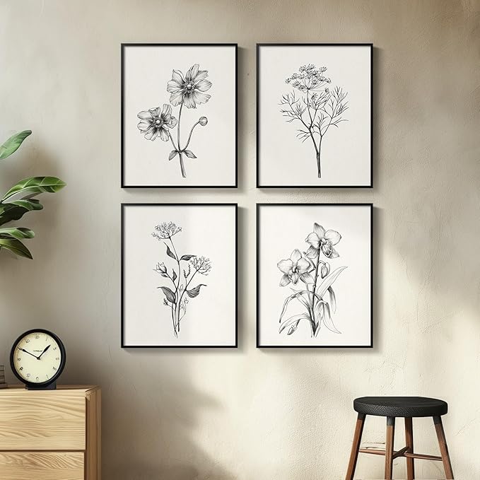 Framed Black and White Floral Wall Art