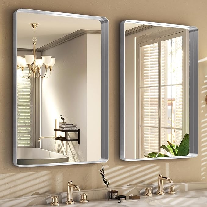 Easly Silver Bathroom Mirror for Wall, 30x22 Inch Rectangular Aluminum Alloy