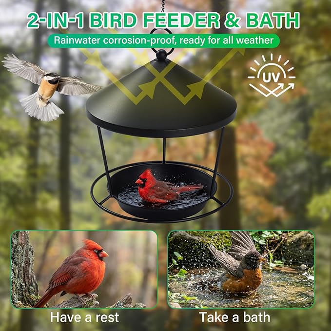Bird Feeder for Outdoor Hanging,Hanging Bird Feeder with Roof,Elegant Garden Sculpture with Multi-Use Bird Bath and Feeder with Chain and Hook,Creative Decor for Patio Balcony Yard Home (M)