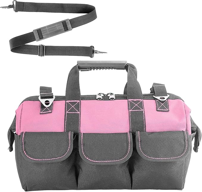 Garden Tools Bag 16inch Wide Mouth Women's Tool Bag with Molded Base and Plastic-Padded, Inside Pockets for Tool Storage,600D polyester fabric (Pink color)