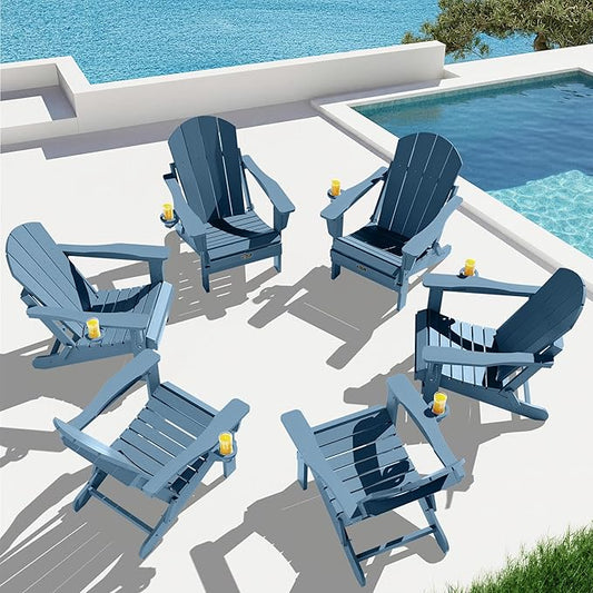 SERWALL Folding Adirondack Chair with Cup Holder Set of 6, Weather Resistant HIPS Lawn Chairs, Wooden Textured, Fire Pit Chairs for Backyard, Garden - Blue