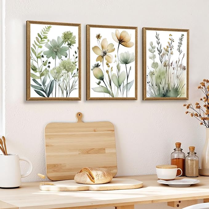 SYWENNOI Wood Framed Green Botanical Canvas Wall Art, Boho Floral Watercolor