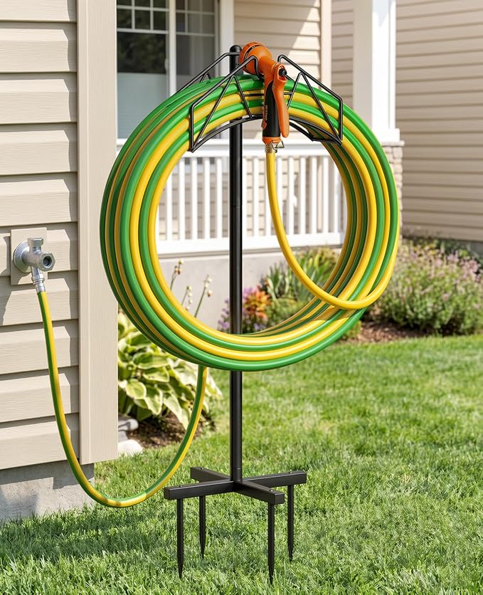 Garden Hose Holder, Heavy Duty Water Hose Holder Holds 150/160ft Hose for Outside, Hose Stand Storage Rack Freestanding with Nozzle Holder & Stable Base,Metal Hanger for Yard Lawn Farm Gardening Tools