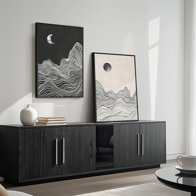 Large Framed Black and White Abstract Wall Art, Abstract Mountain and Moon