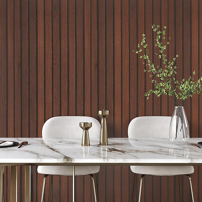 VEELIKE Wide Dark Walnut Wood Slat Peel and Stick Wallpaper Wood Contact Paper