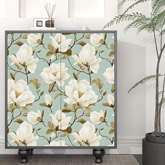 Modern Green White Flowers Wallpaper Blue Floral Peel and Stick Contact Paper