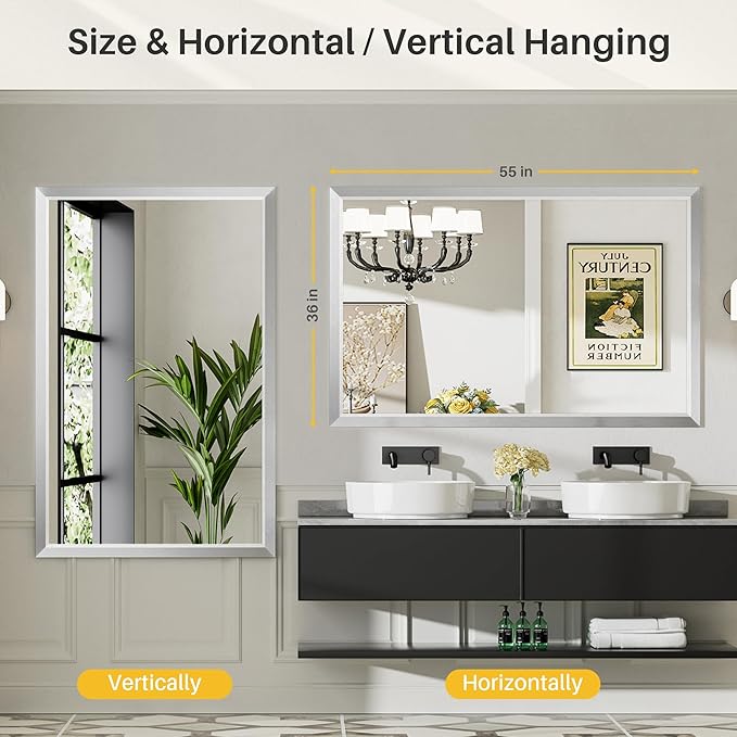 55x30 Inch Brushed Silver Bathroom Mirror