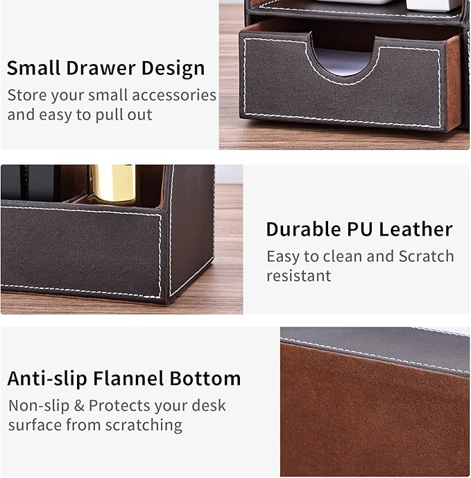 KINGFOM Pu Leather Desk Organizer Pen Pencil Holder Office Supplies Caddy Storage Box 6 Compartments with Drawer Brown