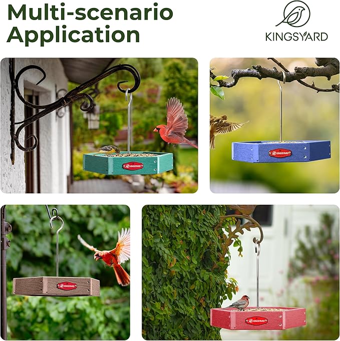 Kingsyard Large Hanging Platform Bird Feeder Weatherproof Durable, Recycled Plastic Tray with Metal Mesh, Easy Clean Outdoor Feeder for Cardinals Bluebirds Wild Birds, Blue