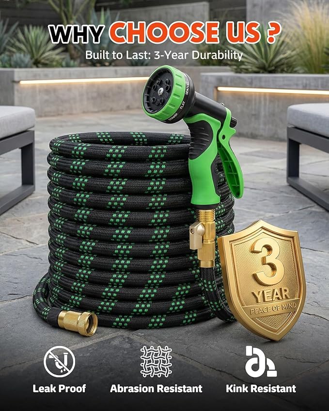 100ft Flexible Garden Hose, Lightweight Water Hose, NON-EXPANDABLE Garden Hose with 10 Function Sprayer Nozzle, Kink-Free Triple-Layer Composite Watering Hose for Yard, Lawn, Outdoor and Car Washing