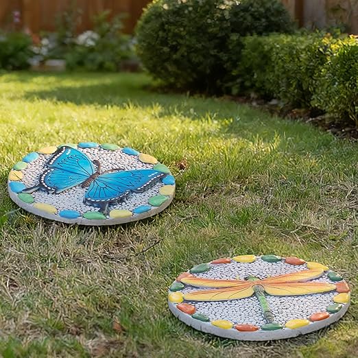 Decorative Butterfly Garden Stepping Stone - Round 10-Inch Concrete, Multi-Colored with Blue Design, Pebble Background for Outdoor Pathways Cynkeyee