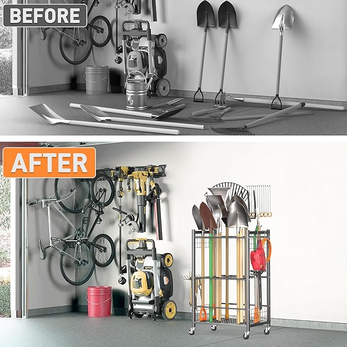 TORACK Garden Tool Stand with Wheels, Rakes Shovels Holder Yard Tools Organizer for Garage, Garden, Shed Indoor/Outdoor Long-Handled Tools Cart(Tool stand)