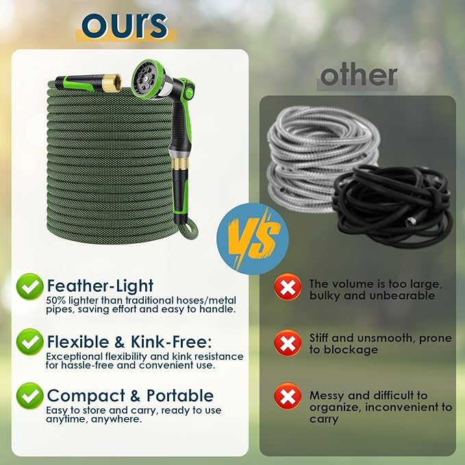 Non-Expandable Garden Hose 150 FT, Lightweight Hose with 10 Function Spray Nozzle, Kink-Free Flexible Water Hose, Durable, Leak-Proof, 360° Swivel Connectors, Portable Storage Strap