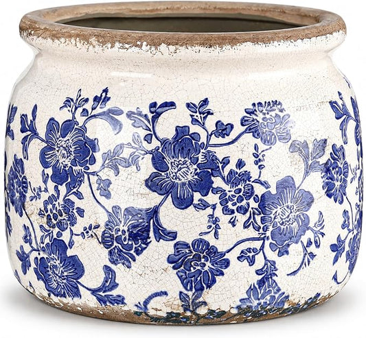 7.7" Large Vintage Ceramic Plant Pot Blue White Farmhouse Rose Crackle Glaze Rustic Flowers Planter Pot with Drainage for Indoor Outdoor Plants Kitchen Office Shelf Home Decor Gift