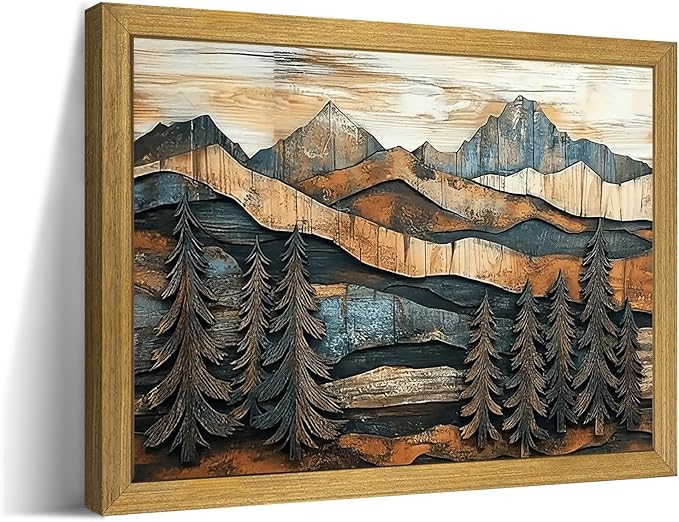 Vintage Boho Mountain Wall Art, Framed Landscape Canvas Wall Art, Nature Forest