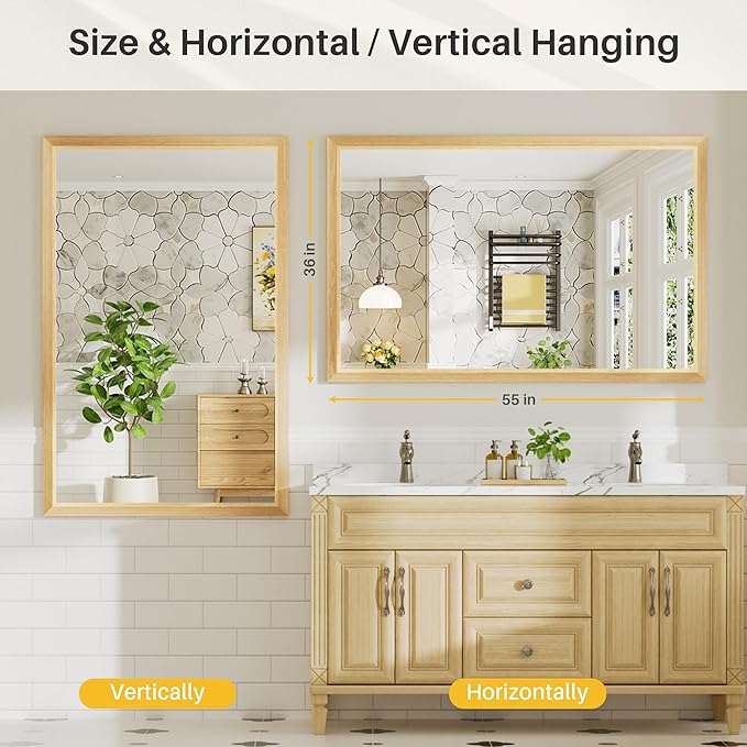 55x36 Inch Bathroom Mirror for Wall, Anti-Rust Oak Wood Grain Metal Framed
