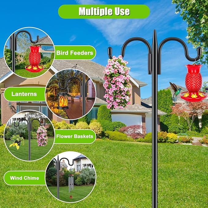 Gtongoko Bird Feeder Pole for Outdoors Heavy Duty, 108 Inch Double Shepherds Hook with 5-Prong Stable Base, 3/4 Inch Thick Hummingbird Feeder Stand for Hanging Plants, Lanterns, 1 Pack
