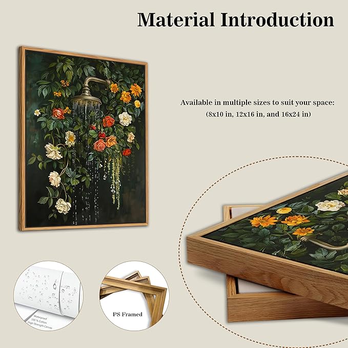 Floating Framed Floral Shower Wall Art, Vintage Botanical Flower Canvas Print
