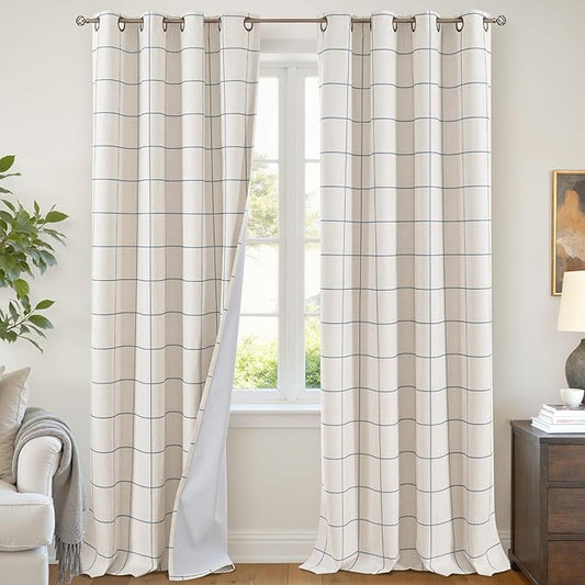 Lajode Navy Blue Plaid Linen Blackout Curtains