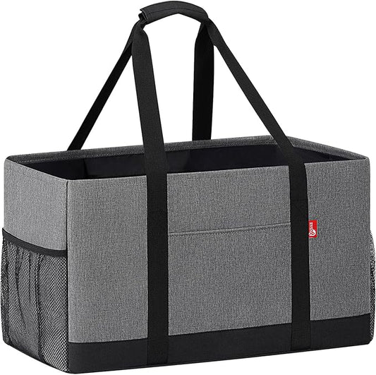 Extra Large Utility Tote Bag, Foldable Reusable Grocery Bags with Metal Wire Frame & Reinforced Bottom Board, Stand Up Large Utility Tote for Shopping, Beach Bag, Laundry, Car (Grey)