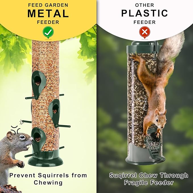 FEED GARDEN Metal Bird Feeder - 6 Port Tube Feeder for Outdoors, Heavy Duty Squirrel Proof with Metal Lid, Easy Fill & Clean, Weather Resistant, 13 Inch 2 Pack