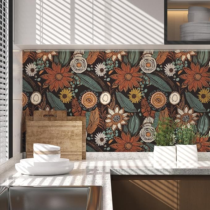 Laatse Rustic Boho Wallpaper Peel and Stick, Vintage Dark Brown Floral Contact
