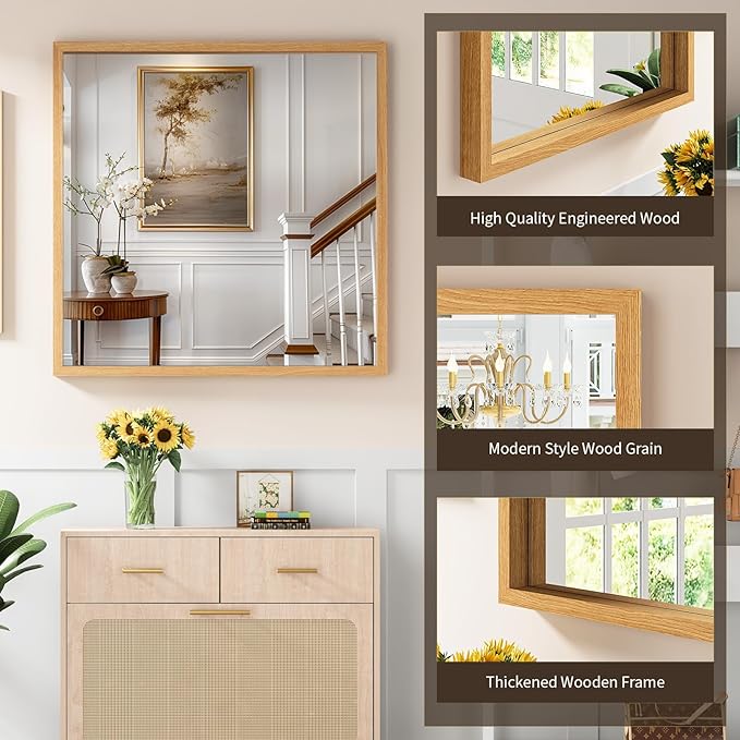 Syndra Square Natural Wood Frame Bathroom Mirror, Waterproof Slim Deep Frame