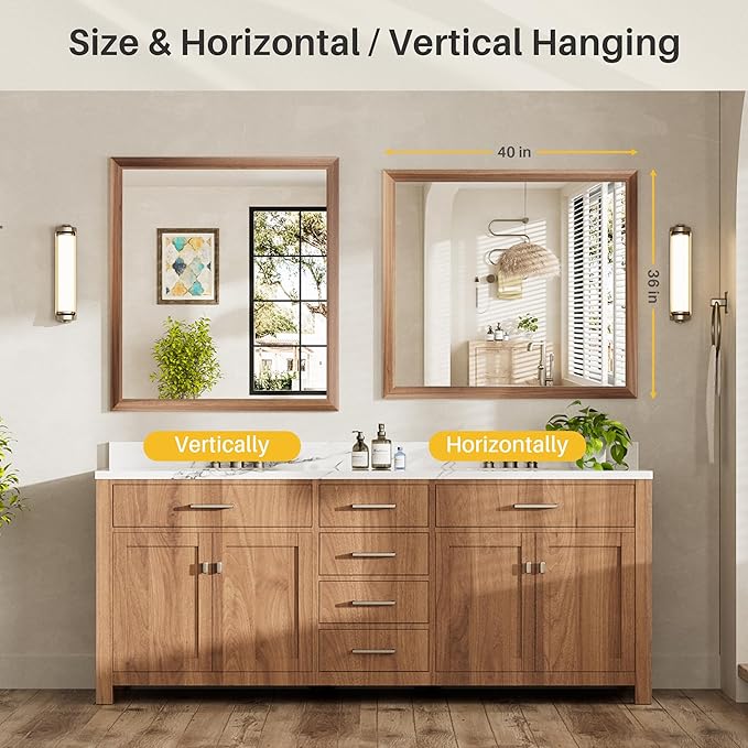 40x36 Inch Bathroom Mirror for Wall, Anti-Rust Walnut Wood Grain Metal Framed