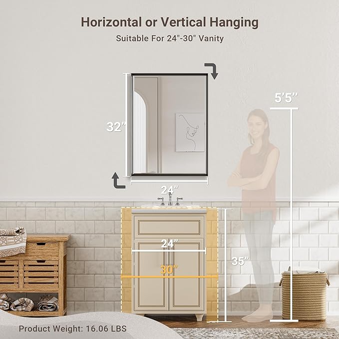 Black Framed Mirror for Bathroom, 24x32 Inch Black Rectangle Beveled Bathroom