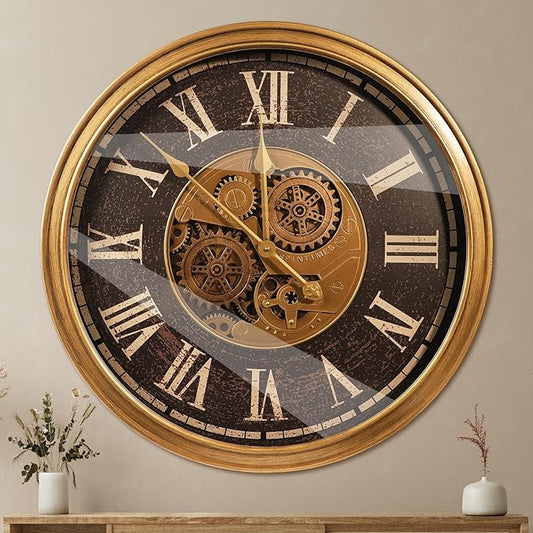 October Elf Large Real Moving Gears Wall Clock 24 Inch Vintage Industrial