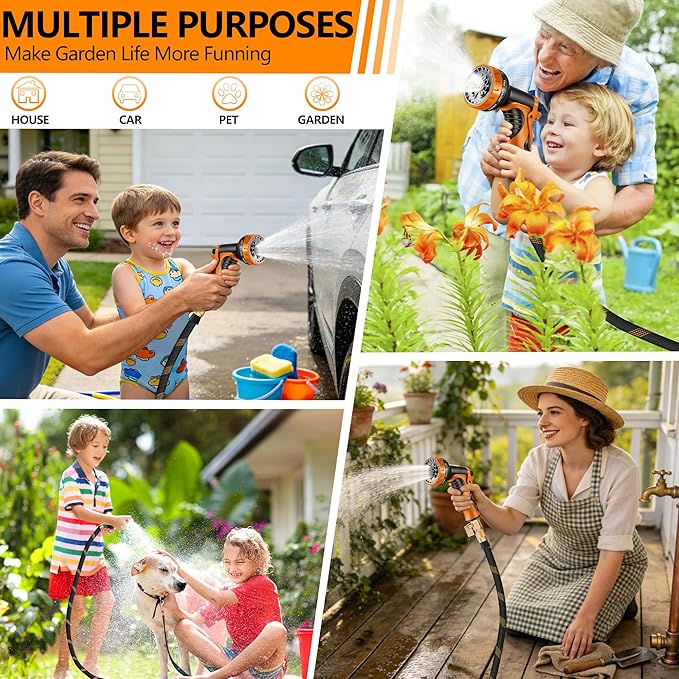 Flexible Garden Hose 100 FT, Ultra Lightweight Water Hoses w/10 Function Sprayer and 3/4" Brass Fittings, Kink-Free, Sturdy, Abrasion Resistant for Yard, Lawn, Outdoor and Gardening(Black Orange)