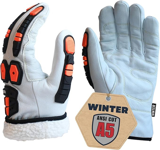 Cestus 5219, Leather Winter Work Gloves for Men, Fleece Insulated for Cold Weather, ANSI A5 Cut-Resistant Impact Gloves