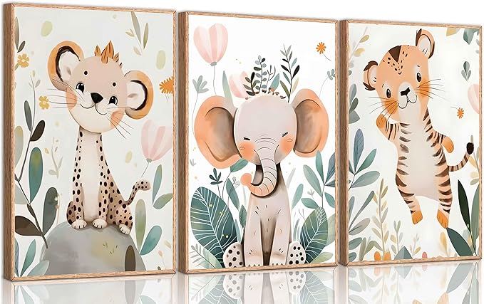 3 Pcs Safari Animals Nursery Canvas Wall Art Jungle Animals Cheetah Elephant
