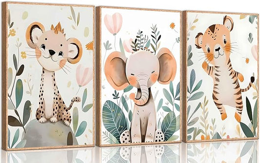 3 Pcs Safari Animals Nursery Canvas Wall Art Jungle Animals Cheetah Elephant
