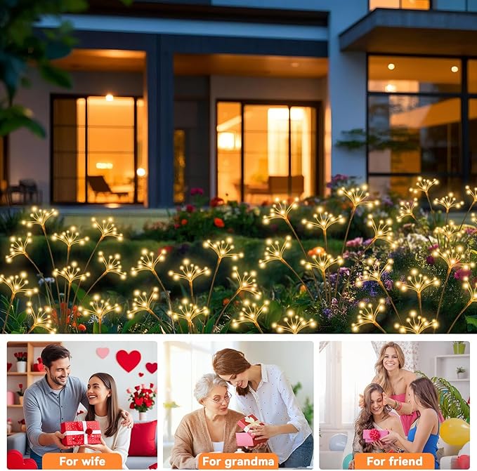 Solar Garden Lights 2 Pack Waterproof Solar Swaying Starburst Light Outdoor Lights for Yard Patio Walkway Pathway Party Wedding Christmas Decoration, Warm White